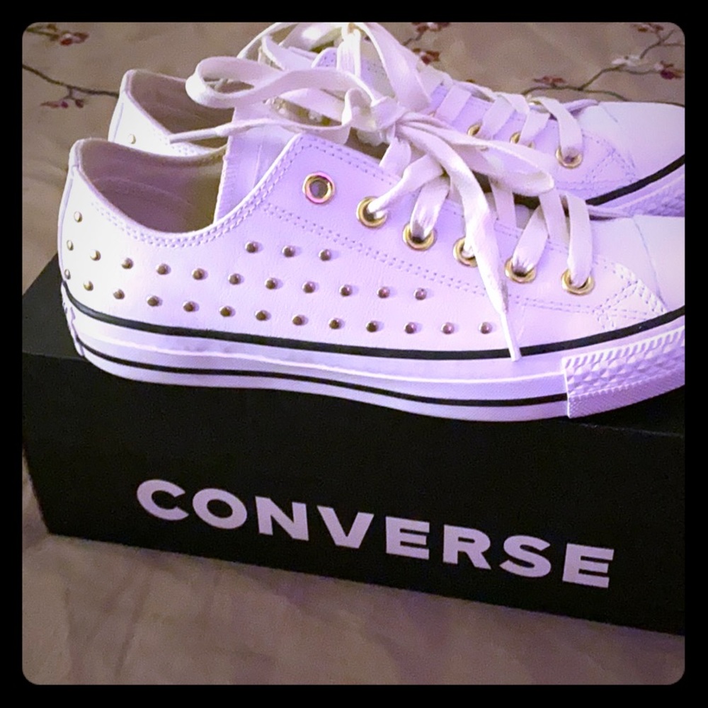 White Leather and Gold Studded Converse